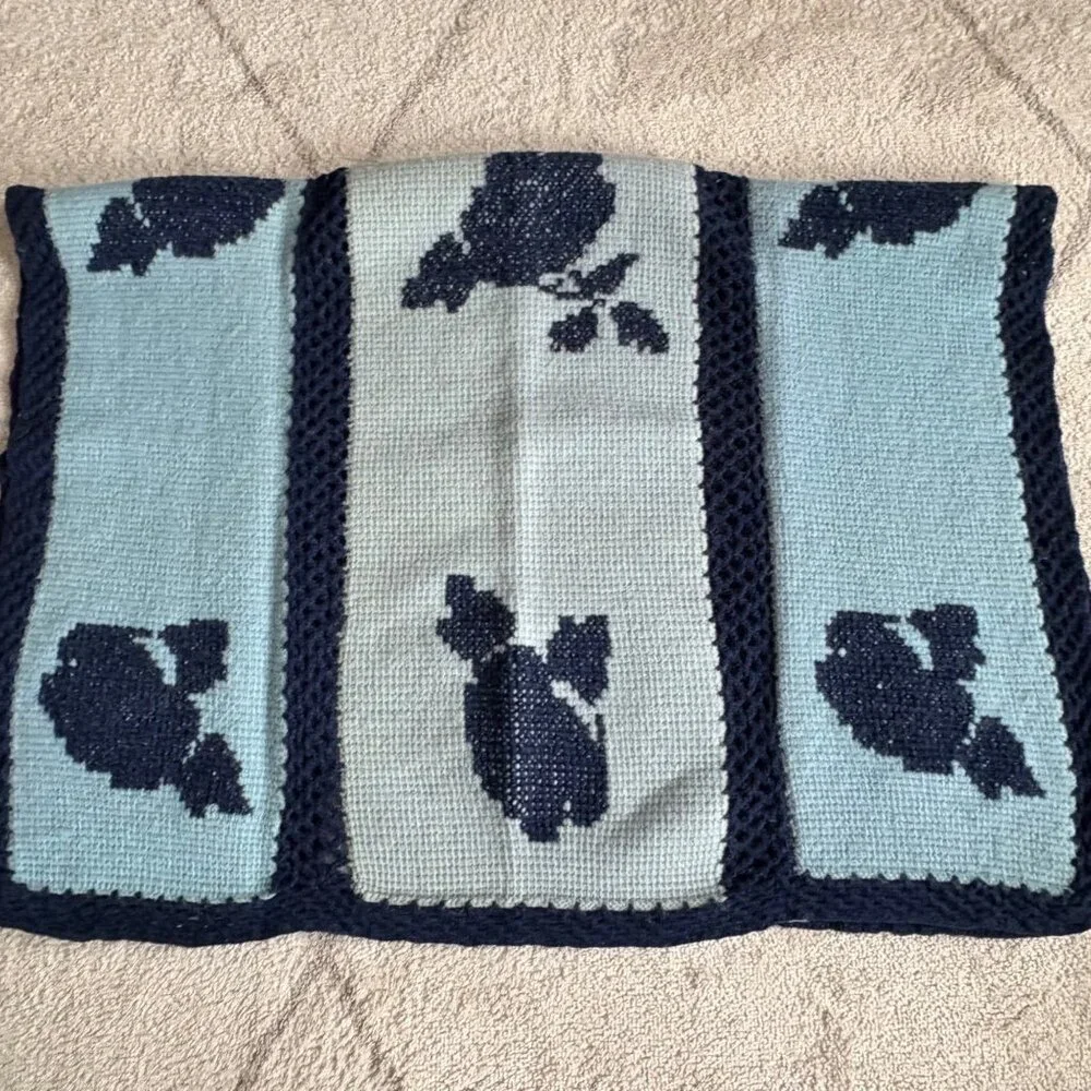 Vintage Handmade Knit Afghan Throw Blue Floral Panel Cottagecore Crochet Blanket
